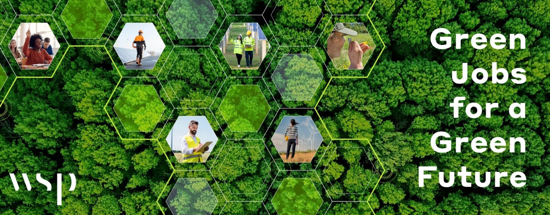 Image with background of trees with large white text that reads Green Jobs for a Green Future and white hexagonal overlay including images of engineers and ecologists