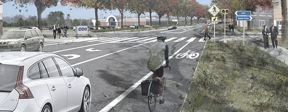 Artist rendering of complete four lane road with grassy medians, bike lanes, and pedestrian walkways