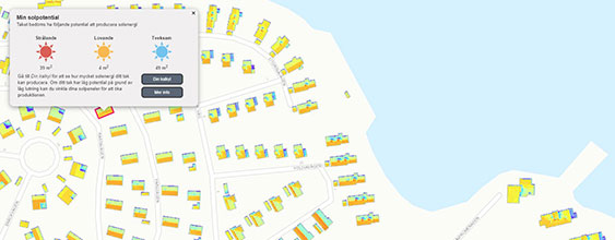 Webbapplikation som visar solenergipotential på tak i bostadsområde.