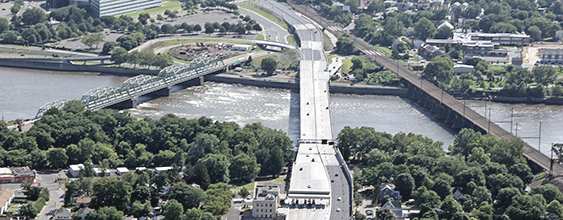 Aerial view of the toll bridge between Trenton, NJ and Morrisville, PA
